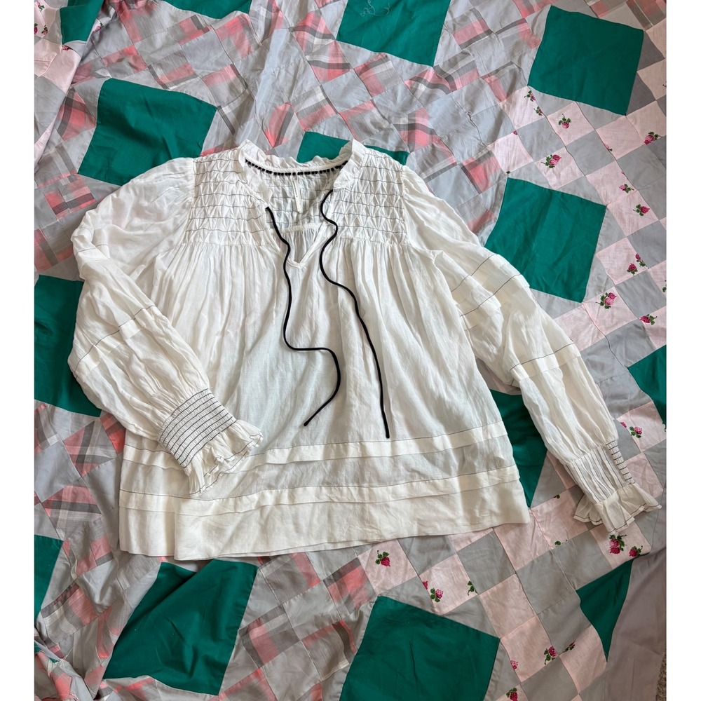 Anthropologie White Honeycomb Smocked Peasant Blouse Oversize Small